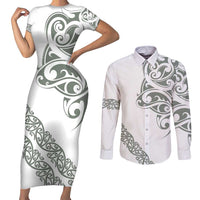 All White Maori Tribal Tattoo Personalised Couples Matching Short Sleeve Bodycon Dress and Long Sleeve Button Shirt Moss Green Polynesian Style LT9 Green - Polynesian Pride