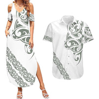 All White Maori Tribal Tattoo Personalised Couples Matching Summer Maxi Dress and Hawaiian Shirt Moss Green Polynesian Style LT9 Green - Polynesian Pride