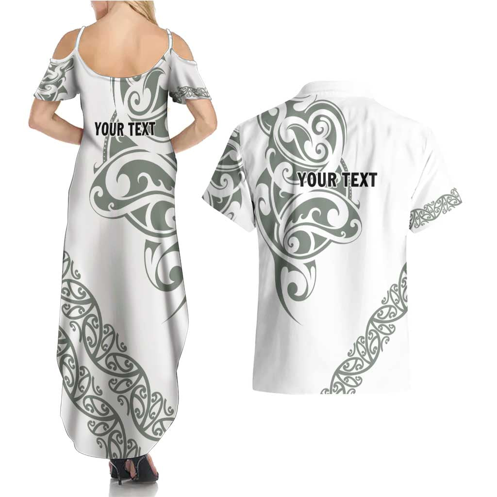 All White Maori Tribal Tattoo Personalised Couples Matching Summer Maxi Dress and Hawaiian Shirt Moss Green Polynesian Style LT9 - Polynesian Pride