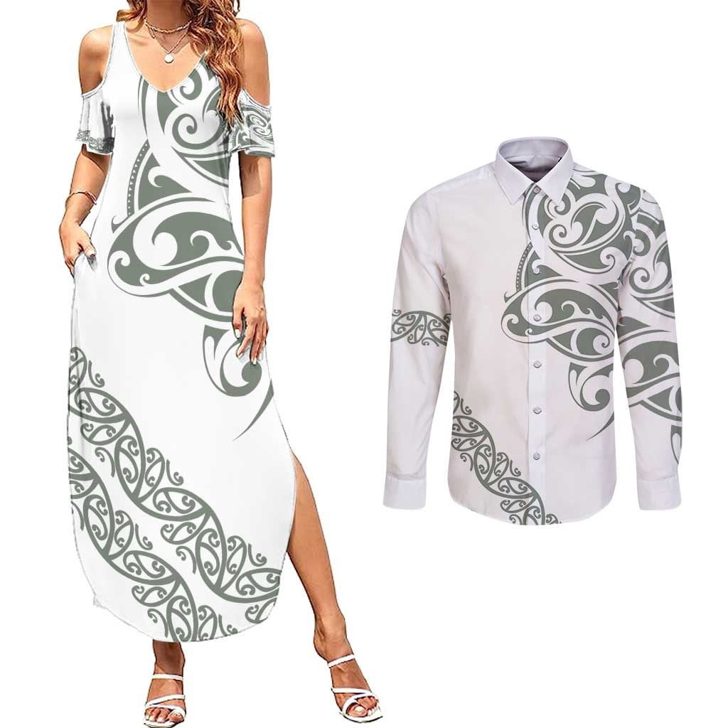 All White Maori Tribal Tattoo Personalised Couples Matching Summer Maxi Dress and Long Sleeve Button Shirt Moss Green Polynesian Style LT9 Green - Polynesian Pride