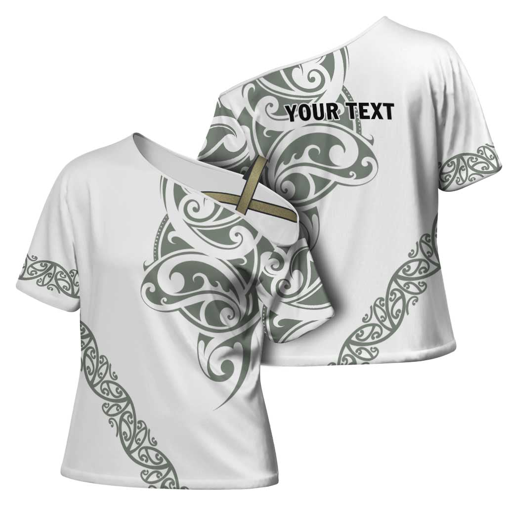 All White Maori Tribal Tattoo Personalised Cross Shoulder Shirt Moss Green Polynesian Style LT9 - Polynesian Pride