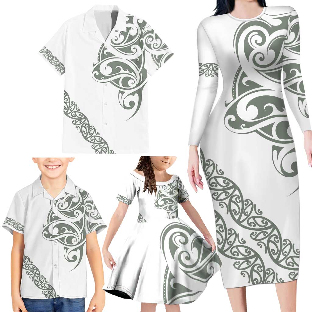All White Maori Tribal Tattoo Personalised Family Matching Long Sleeve Bodycon Dress and Hawaiian Shirt Moss Green Polynesian Style LT9 - Polynesian Pride