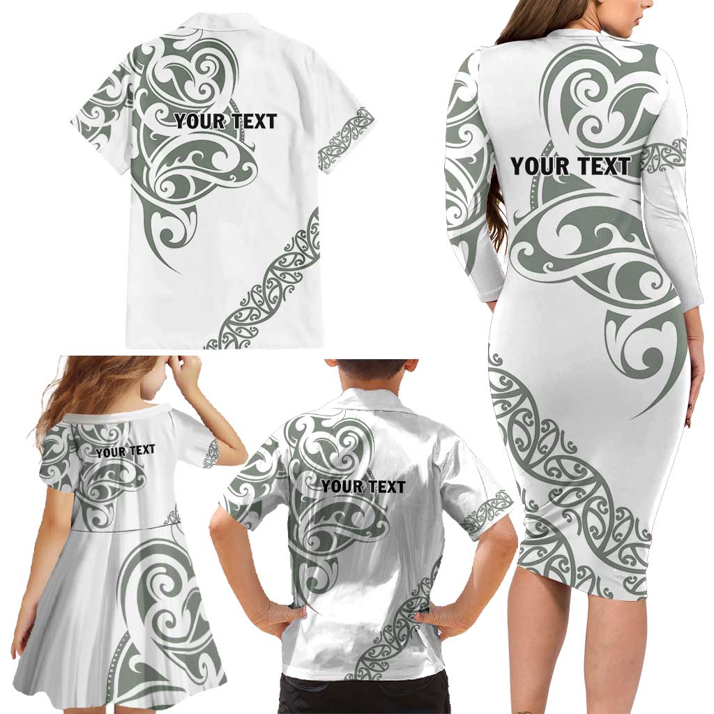 All White Maori Tribal Tattoo Personalised Family Matching Long Sleeve Bodycon Dress and Hawaiian Shirt Moss Green Polynesian Style LT9 - Polynesian Pride