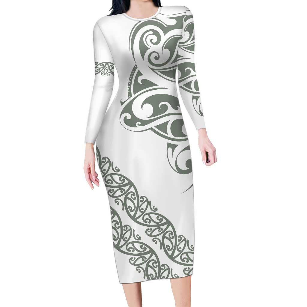 All White Maori Tribal Tattoo Personalised Family Matching Long Sleeve Bodycon Dress and Hawaiian Shirt Moss Green Polynesian Style LT9 Mom's Dress Green - Polynesian Pride