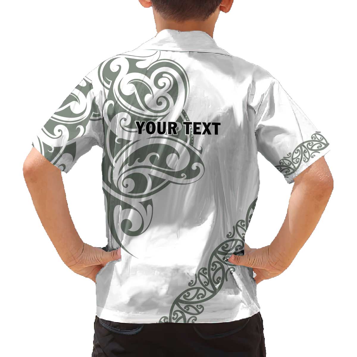 All White Maori Tribal Tattoo Personalised Family Matching Off The Shoulder Long Sleeve Dress and Hawaiian Shirt Moss Green Polynesian Style LT9 - Polynesian Pride