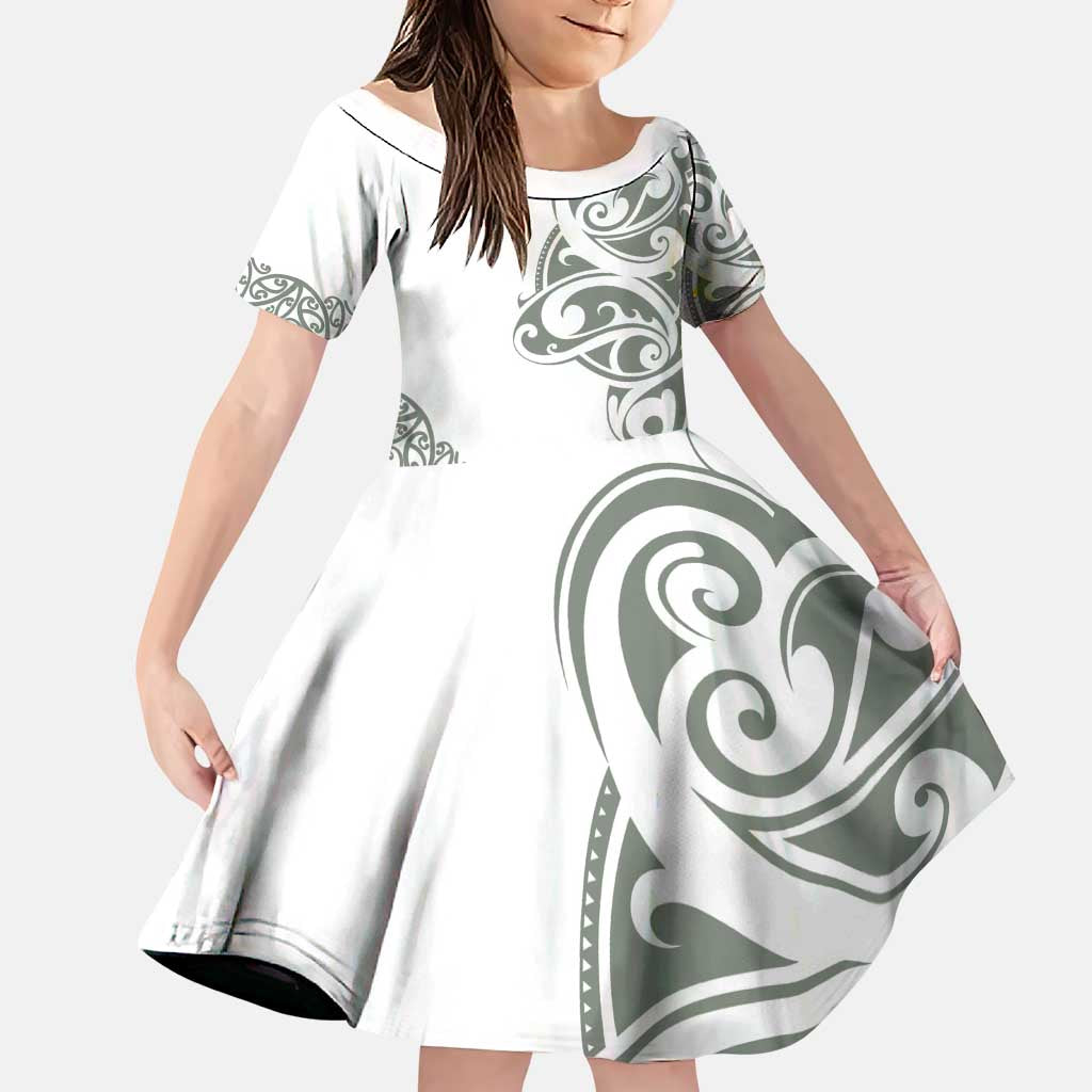 All White Maori Tribal Tattoo Personalised Family Matching Puletasi and Hawaiian Shirt Moss Green Polynesian Style LT9 Daughter's Dress Green - Polynesian Pride