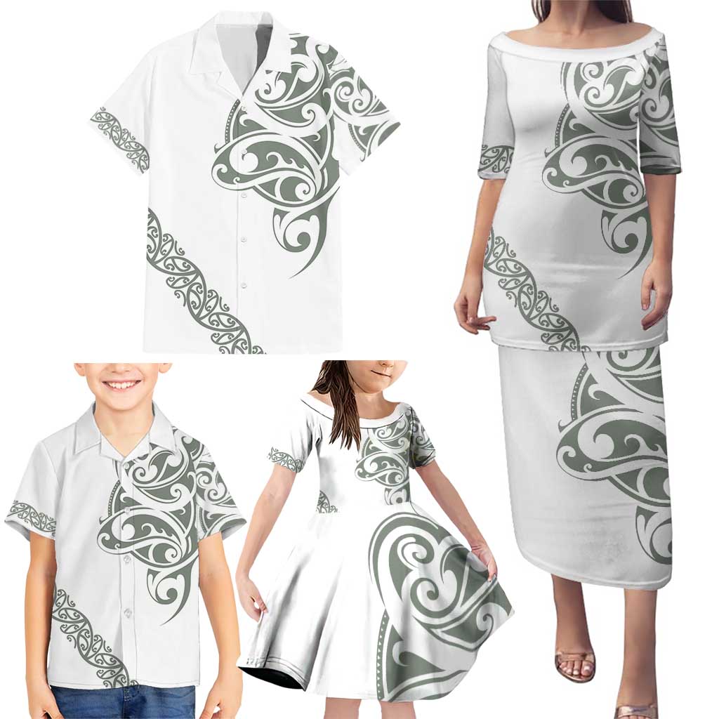 All White Maori Tribal Tattoo Personalised Family Matching Puletasi and Hawaiian Shirt Moss Green Polynesian Style LT9 - Polynesian Pride