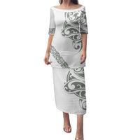 All White Maori Tribal Tattoo Personalised Family Matching Puletasi and Hawaiian Shirt Moss Green Polynesian Style LT9 Mom's Dress Green - Polynesian Pride