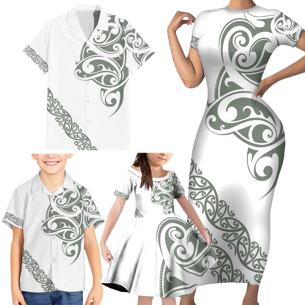 All White Maori Tribal Tattoo Personalised Family Matching Short Sleeve Bodycon Dress and Hawaiian Shirt Moss Green Polynesian Style LT9 - Polynesian Pride