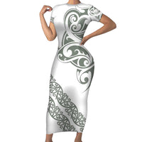 All White Maori Tribal Tattoo Personalised Family Matching Short Sleeve Bodycon Dress and Hawaiian Shirt Moss Green Polynesian Style LT9 Mom's Dress Green - Polynesian Pride
