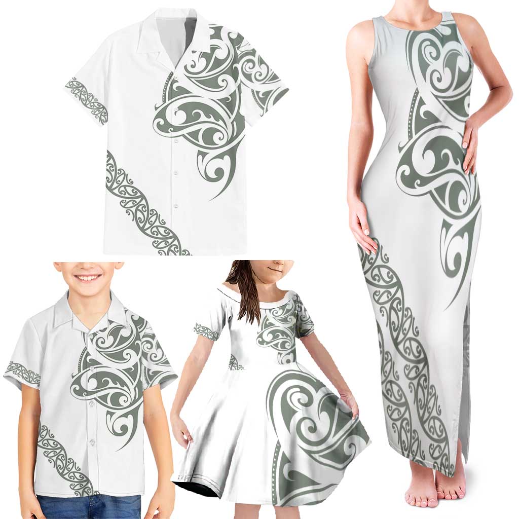 All White Maori Tribal Tattoo Personalised Family Matching Tank Maxi Dress and Hawaiian Shirt Moss Green Polynesian Style LT9 - Polynesian Pride