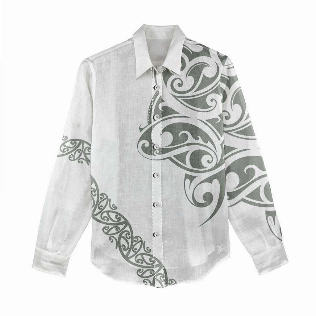 All White Maori Tribal Tattoo Personalised Women Casual Shirt Moss Green Polynesian Style LT9 - Polynesian Pride