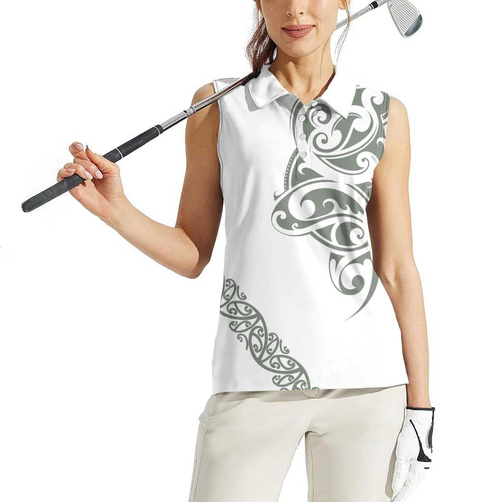 All White Maori Tribal Tattoo Personalised Women Sleeveless Polo Shirt Moss Green Polynesian Style LT9 - Polynesian Pride