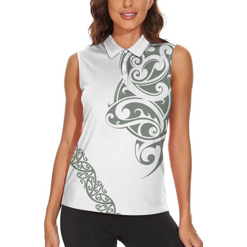 All White Maori Tribal Tattoo Personalised Women Sleeveless Polo Shirt Moss Green Polynesian Style LT9 - Polynesian Pride