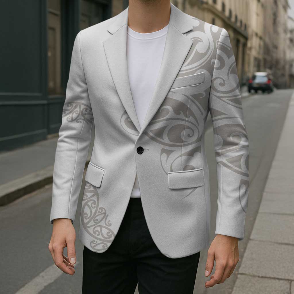 All White Maori Tribal Tattoo Personalised Blazer Stone Gray Polynesian Style - Polynesian Pride