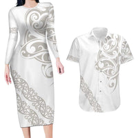 All White Maori Tribal Tattoo Personalised Couples Matching Long Sleeve Bodycon Dress and Hawaiian Shirt Stone Gray Polynesian Style LT9 Gray - Polynesian Pride