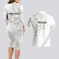 All White Maori Tribal Tattoo Personalised Couples Matching Long Sleeve Bodycon Dress and Hawaiian Shirt Stone Gray Polynesian Style LT9 - Polynesian Pride