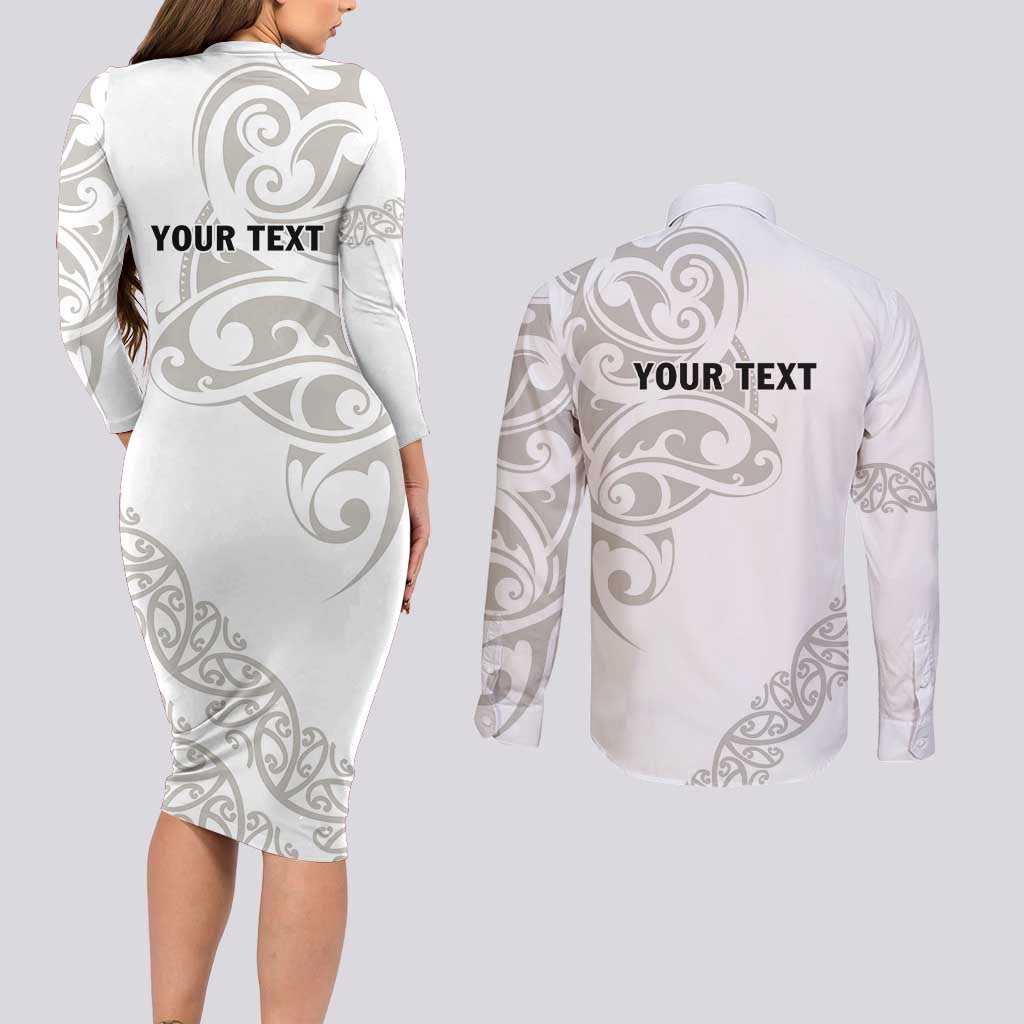 All White Maori Tribal Tattoo Personalised Couples Matching Long Sleeve Bodycon Dress and Long Sleeve Button Shirt Stone Gray Polynesian Style LT9 - Polynesian Pride