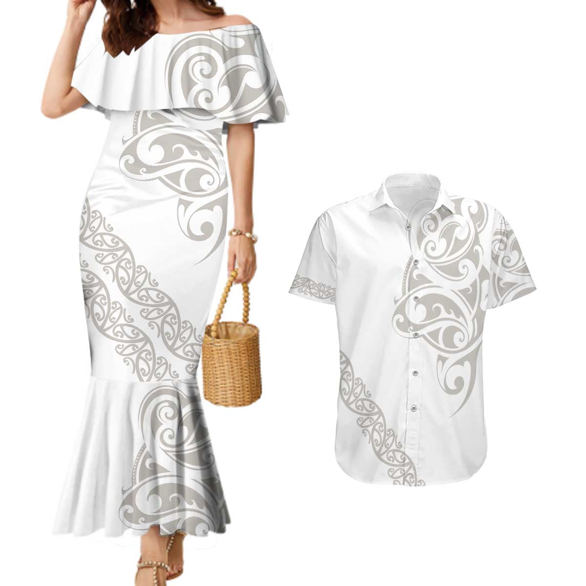 All White Maori Tribal Tattoo Personalised Couples Matching Mermaid Dress and Hawaiian Shirt Stone Gray Polynesian Style LT9 Gray - Polynesian Pride