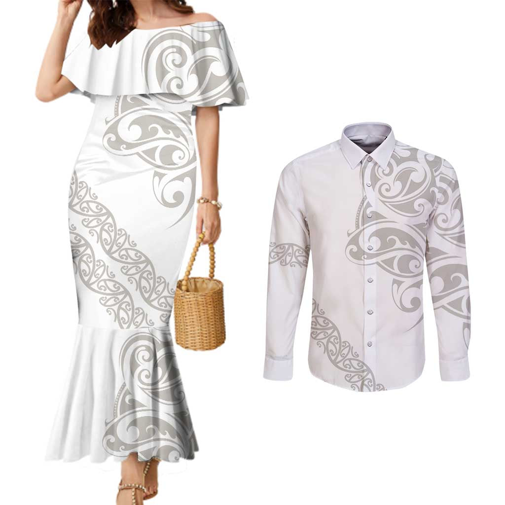 All White Maori Tribal Tattoo Personalised Couples Matching Mermaid Dress and Long Sleeve Button Shirt Stone Gray Polynesian Style LT9 Gray - Polynesian Pride