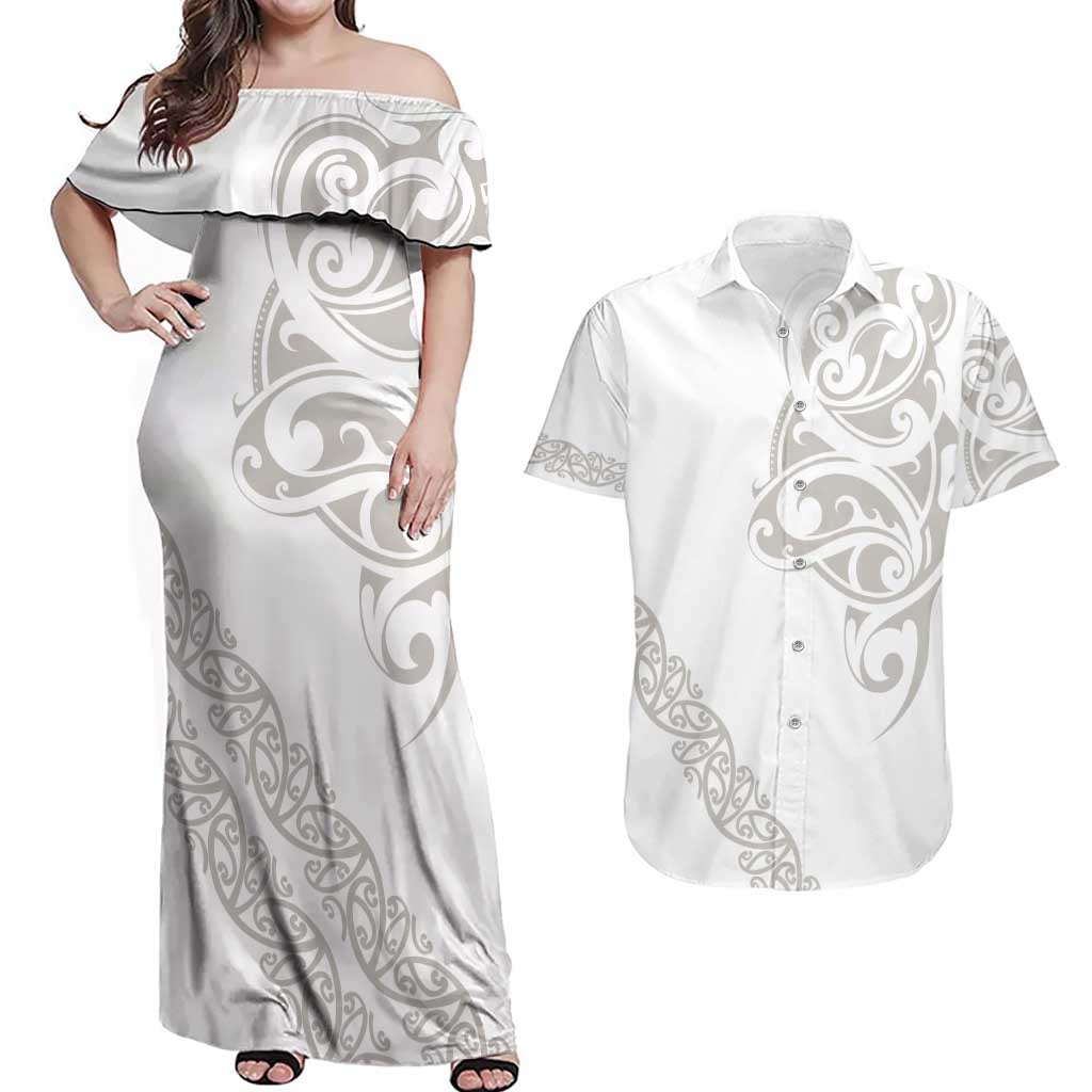 All White Maori Tribal Tattoo Personalised Couples Matching Off Shoulder Maxi Dress and Hawaiian Shirt Stone Gray Polynesian Style LT9 Gray - Polynesian Pride