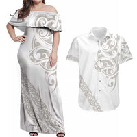 All White Maori Tribal Tattoo Personalised Couples Matching Off Shoulder Maxi Dress and Hawaiian Shirt Stone Gray Polynesian Style LT9 Gray - Polynesian Pride