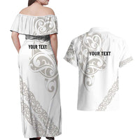 All White Maori Tribal Tattoo Personalised Couples Matching Off Shoulder Maxi Dress and Hawaiian Shirt Stone Gray Polynesian Style LT9 - Polynesian Pride