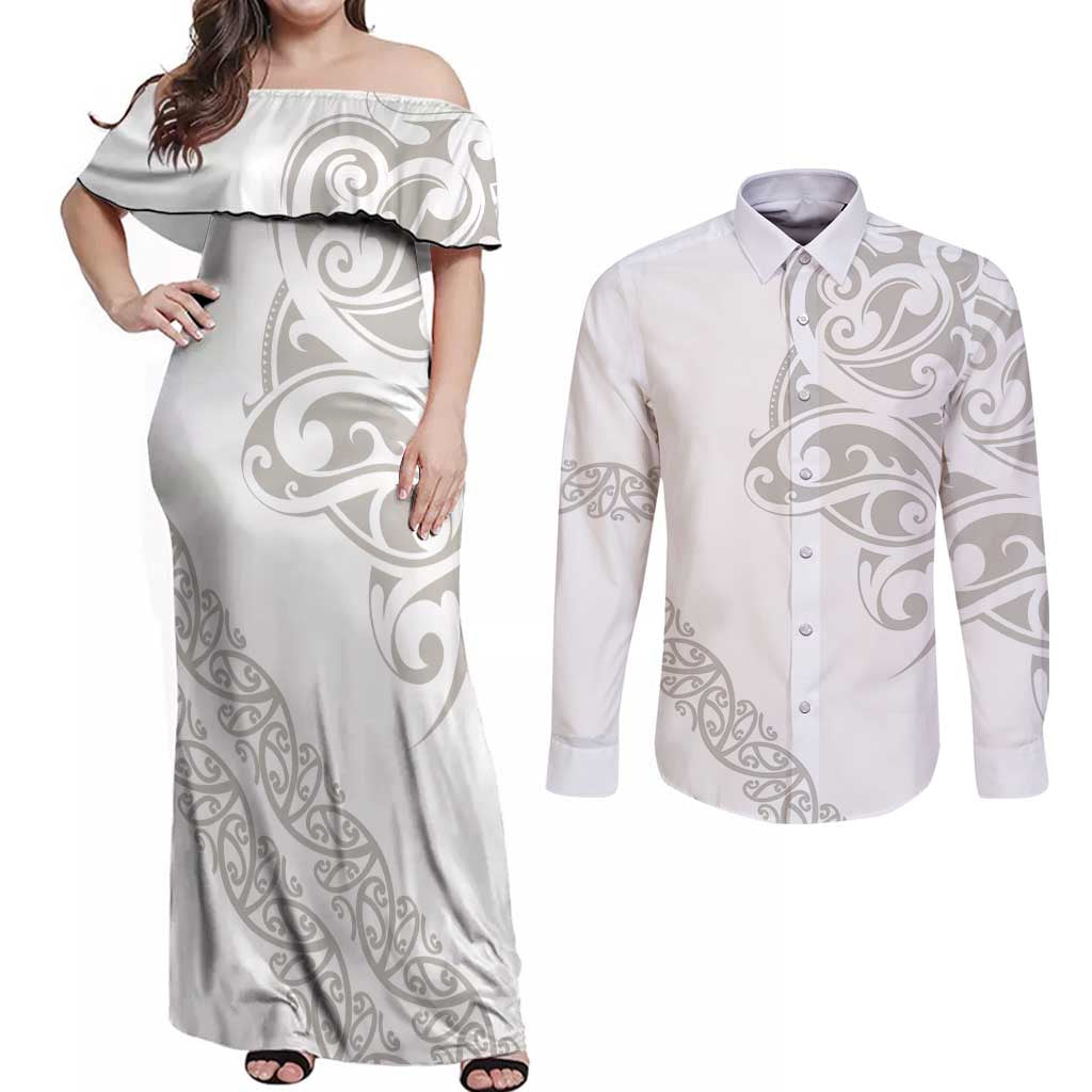 All White Maori Tribal Tattoo Personalised Couples Matching Off Shoulder Maxi Dress and Long Sleeve Button Shirt Stone Gray Polynesian Style LT9 Gray - Polynesian Pride