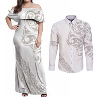 All White Maori Tribal Tattoo Personalised Couples Matching Off Shoulder Maxi Dress and Long Sleeve Button Shirt Stone Gray Polynesian Style LT9 Gray - Polynesian Pride
