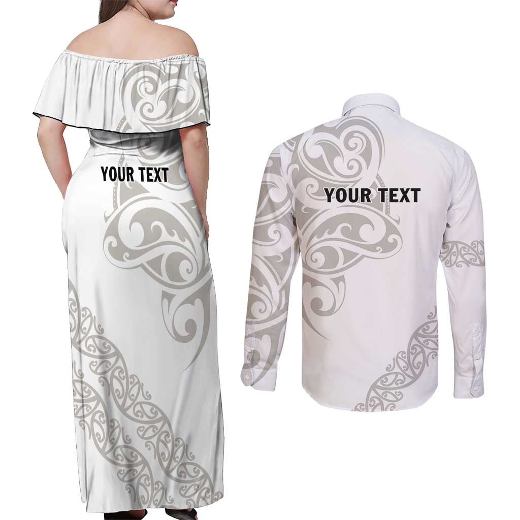 All White Maori Tribal Tattoo Personalised Couples Matching Off Shoulder Maxi Dress and Long Sleeve Button Shirt Stone Gray Polynesian Style LT9 - Polynesian Pride