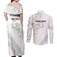 All White Maori Tribal Tattoo Personalised Couples Matching Off Shoulder Maxi Dress and Long Sleeve Button Shirt Stone Gray Polynesian Style LT9 - Polynesian Pride