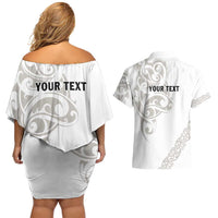 All White Maori Tribal Tattoo Personalised Couples Matching Off Shoulder Short Dress and Hawaiian Shirt Stone Gray Polynesian Style LT9 - Polynesian Pride