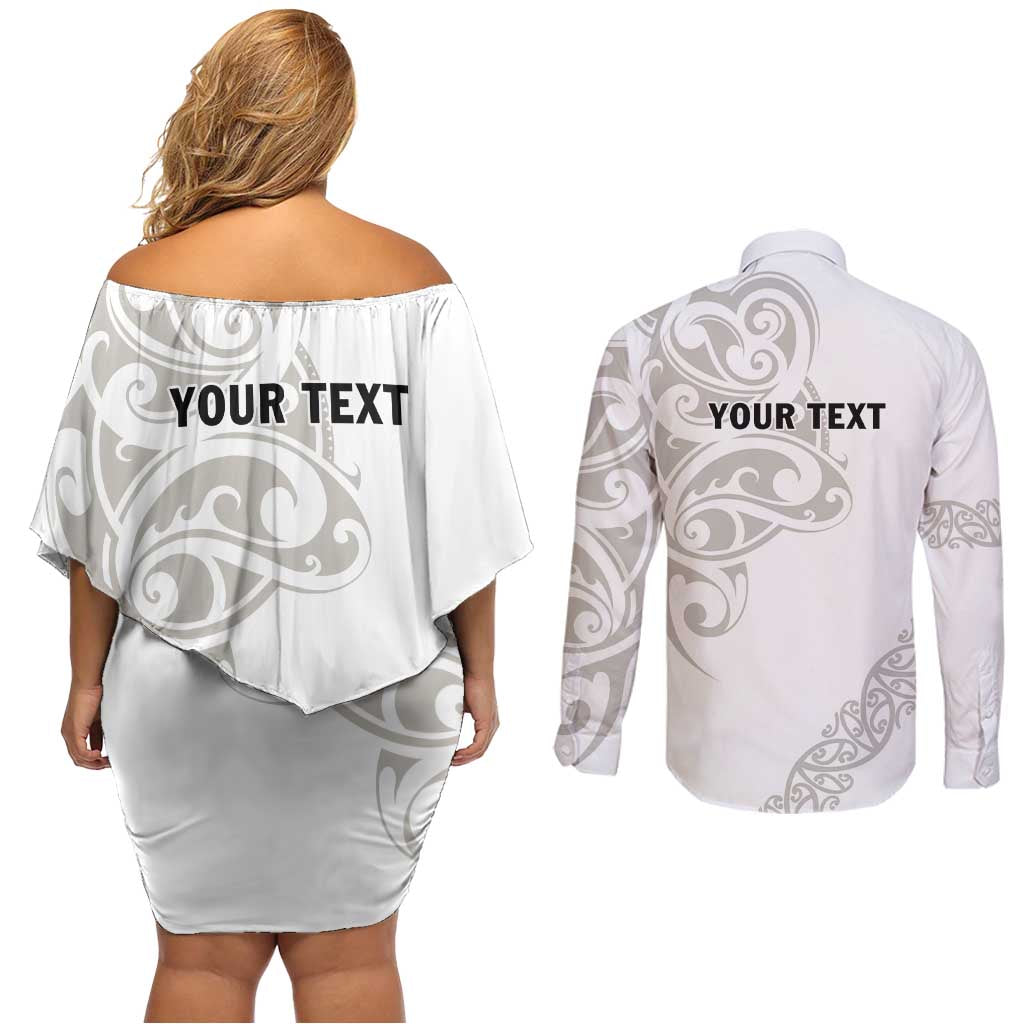 All White Maori Tribal Tattoo Personalised Couples Matching Off Shoulder Short Dress and Long Sleeve Button Shirt Stone Gray Polynesian Style LT9 - Polynesian Pride