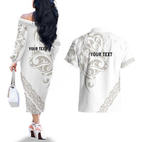 All White Maori Tribal Tattoo Personalised Couples Matching Off The Shoulder Long Sleeve Dress and Hawaiian Shirt Stone Gray Polynesian Style LT9 - Polynesian Pride
