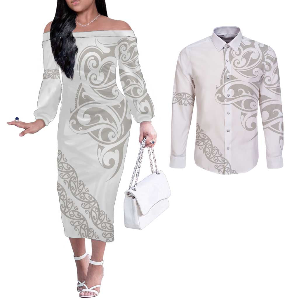 All White Maori Tribal Tattoo Personalised Couples Matching Off The Shoulder Long Sleeve Dress and Long Sleeve Button Shirt Stone Gray Polynesian Style LT9 Gray - Polynesian Pride