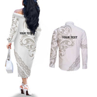 All White Maori Tribal Tattoo Personalised Couples Matching Off The Shoulder Long Sleeve Dress and Long Sleeve Button Shirt Stone Gray Polynesian Style LT9 - Polynesian Pride