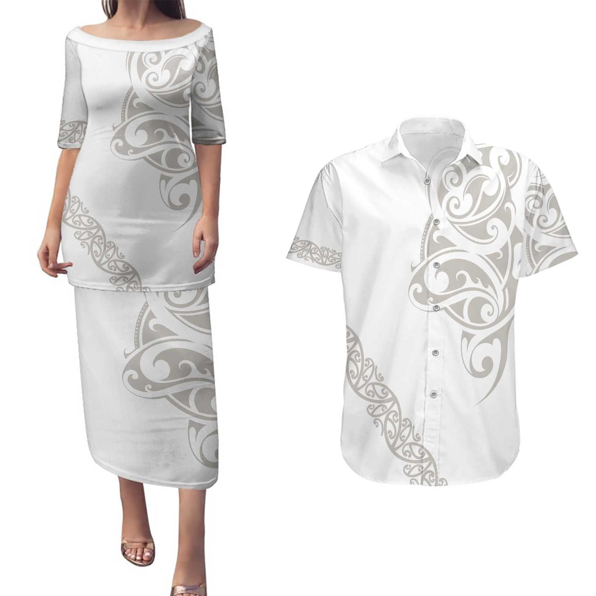 All White Maori Tribal Tattoo Personalised Couples Matching Puletasi and Hawaiian Shirt Stone Gray Polynesian Style LT9 Gray - Polynesian Pride