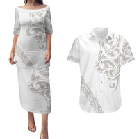 All White Maori Tribal Tattoo Personalised Couples Matching Puletasi and Hawaiian Shirt Stone Gray Polynesian Style LT9 Gray - Polynesian Pride