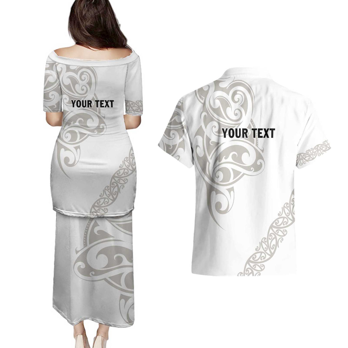 All White Maori Tribal Tattoo Personalised Couples Matching Puletasi and Hawaiian Shirt Stone Gray Polynesian Style LT9 - Polynesian Pride