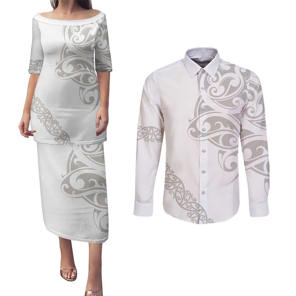 All White Maori Tribal Tattoo Personalised Couples Matching Puletasi and Long Sleeve Button Shirt Stone Gray Polynesian Style LT9 Gray - Polynesian Pride