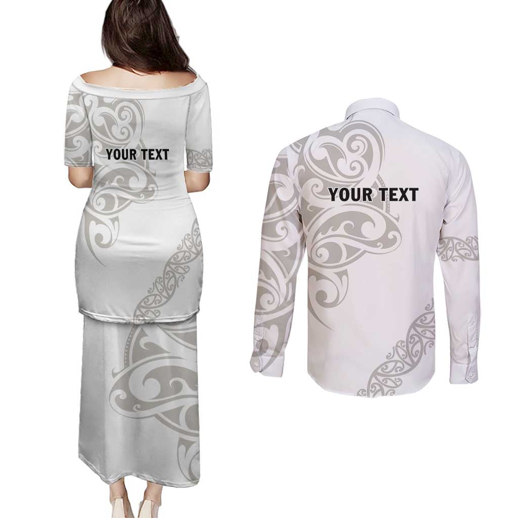 All White Maori Tribal Tattoo Personalised Couples Matching Puletasi and Long Sleeve Button Shirt Stone Gray Polynesian Style LT9 - Polynesian Pride