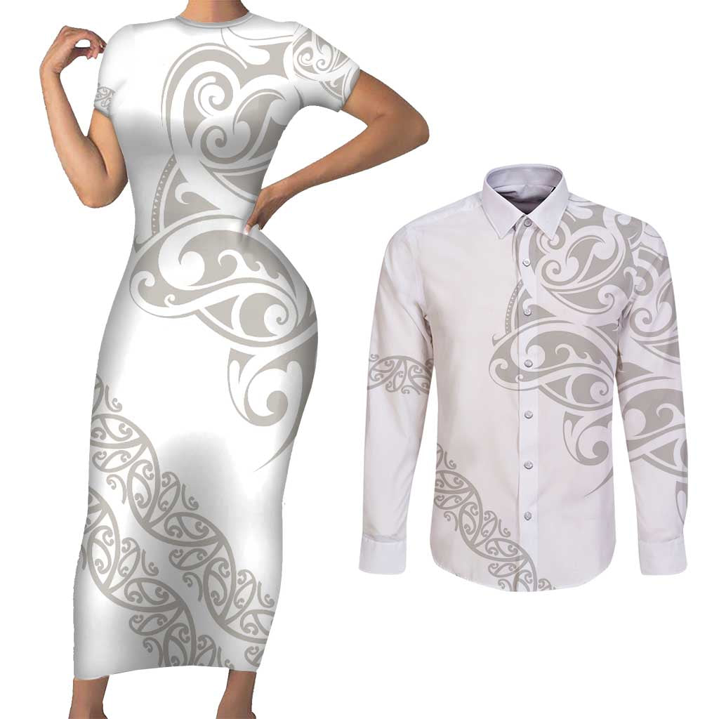 All White Maori Tribal Tattoo Personalised Couples Matching Short Sleeve Bodycon Dress and Long Sleeve Button Shirt Stone Gray Polynesian Style LT9 Gray - Polynesian Pride