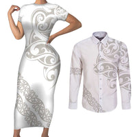 All White Maori Tribal Tattoo Personalised Couples Matching Short Sleeve Bodycon Dress and Long Sleeve Button Shirt Stone Gray Polynesian Style LT9 Gray - Polynesian Pride
