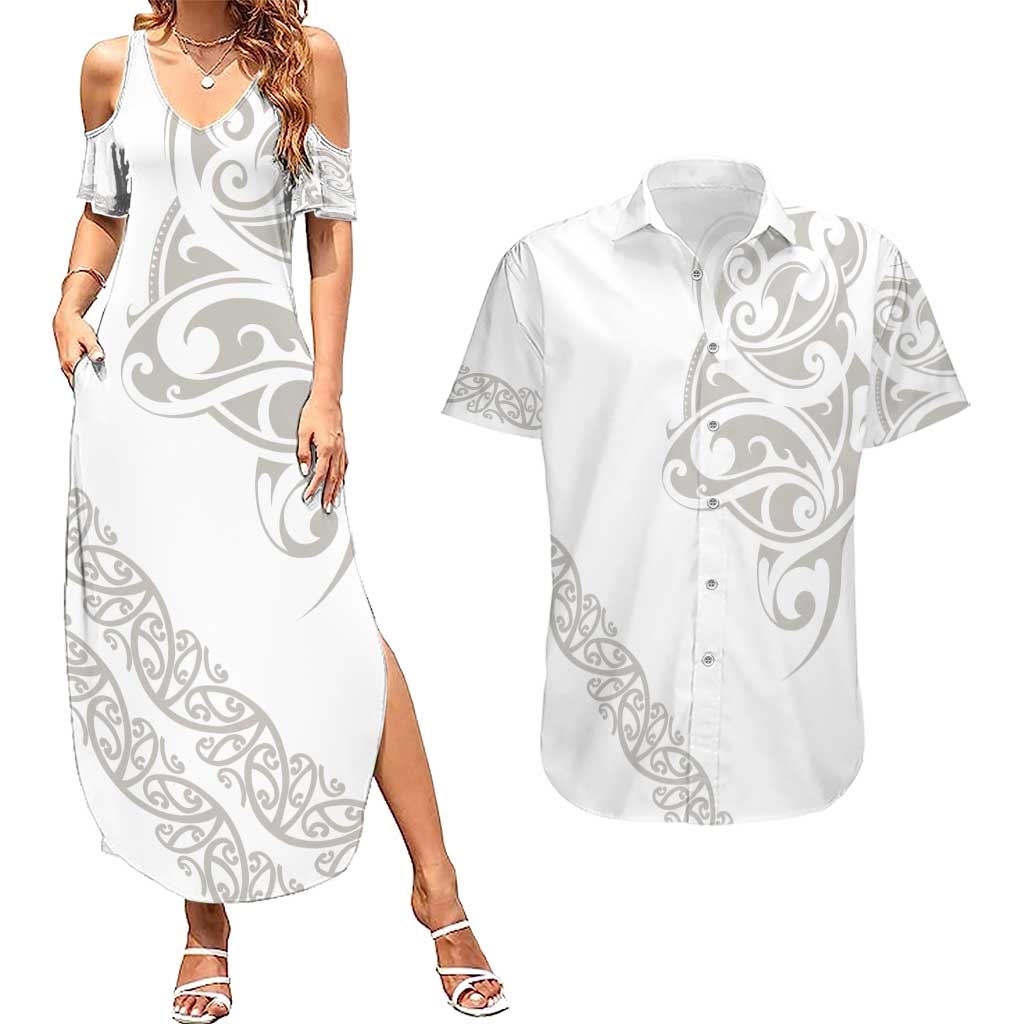 All White Maori Tribal Tattoo Personalised Couples Matching Summer Maxi Dress and Hawaiian Shirt Stone Gray Polynesian Style LT9 Gray - Polynesian Pride