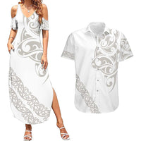 All White Maori Tribal Tattoo Personalised Couples Matching Summer Maxi Dress and Hawaiian Shirt Stone Gray Polynesian Style LT9 Gray - Polynesian Pride