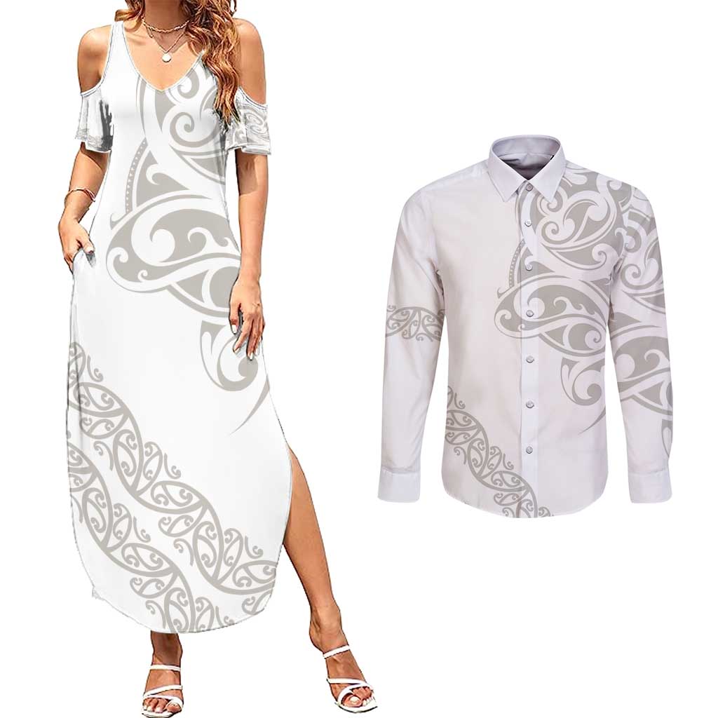 All White Maori Tribal Tattoo Personalised Couples Matching Summer Maxi Dress and Long Sleeve Button Shirt Stone Gray Polynesian Style LT9 Gray - Polynesian Pride