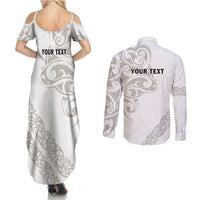 All White Maori Tribal Tattoo Personalised Couples Matching Summer Maxi Dress and Long Sleeve Button Shirt Stone Gray Polynesian Style LT9 - Polynesian Pride