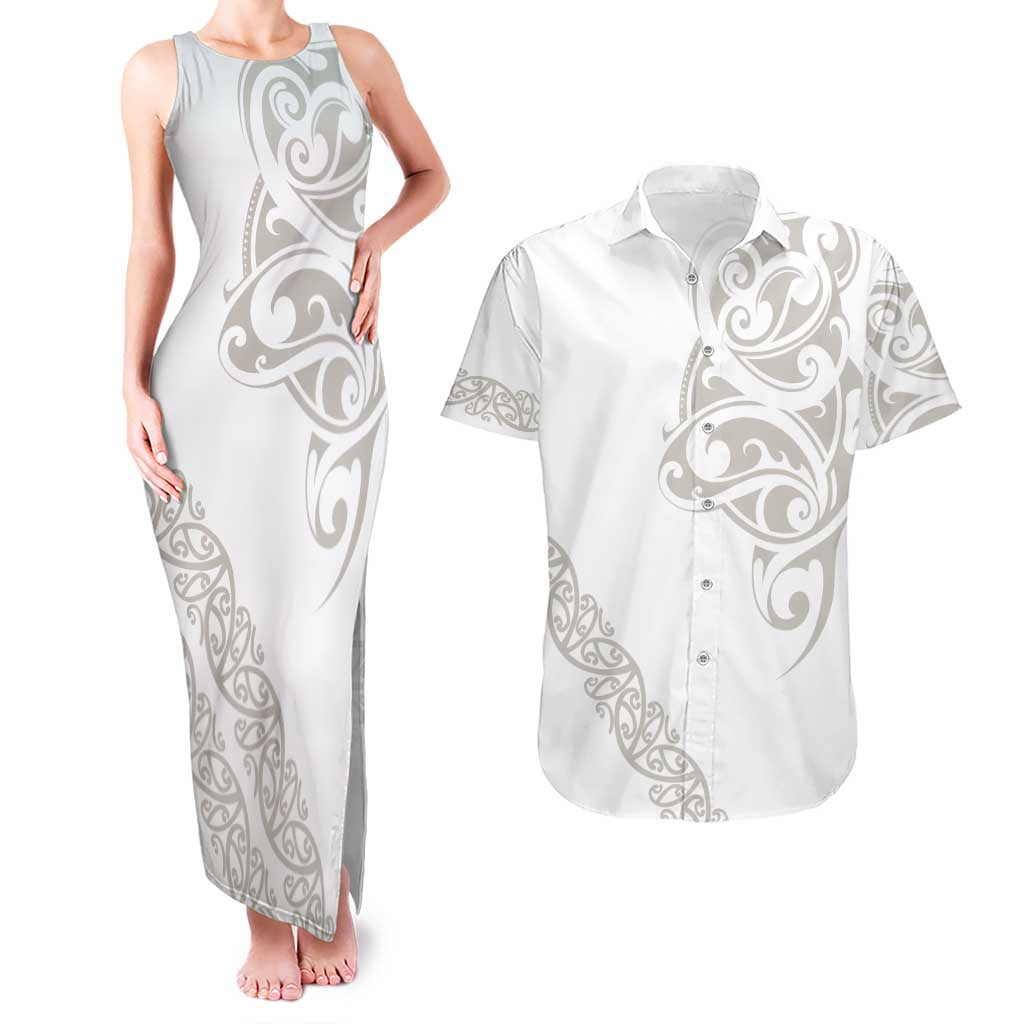 All White Maori Tribal Tattoo Personalised Couples Matching Tank Maxi Dress and Hawaiian Shirt Stone Gray Polynesian Style LT9 Gray - Polynesian Pride