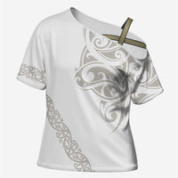 All White Maori Tribal Tattoo Personalised Cross Shoulder Shirt Stone Gray Polynesian Style LT9 Female Gray - Polynesian Pride