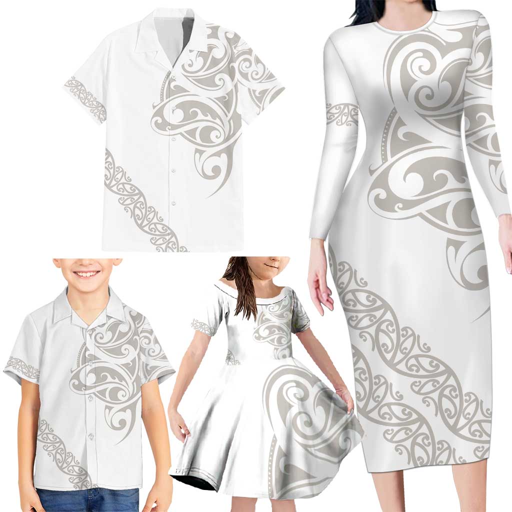 All White Maori Tribal Tattoo Personalised Family Matching Long Sleeve Bodycon Dress and Hawaiian Shirt Stone Gray Polynesian Style LT9 - Polynesian Pride